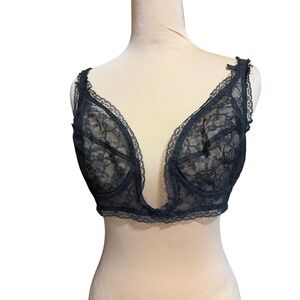 Peter Pan VTG 50s Black Lace Plunge 34B Bra Made in France Deep V Underwire RARE